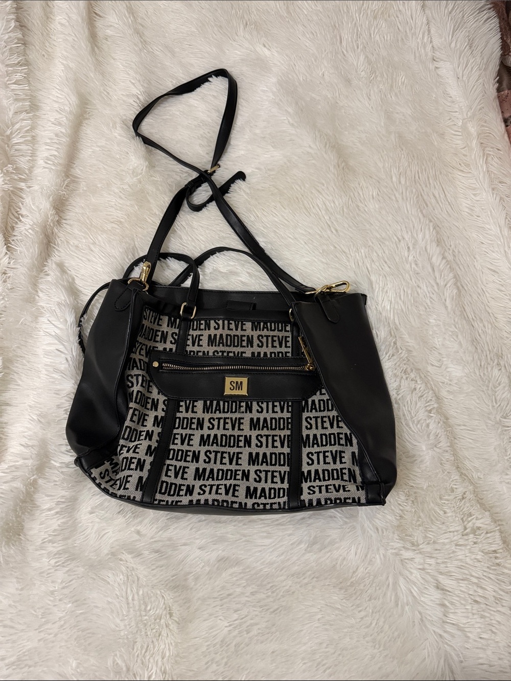 Steve Madden Black Logo Canvas Shoulder Bag with Gold Accents